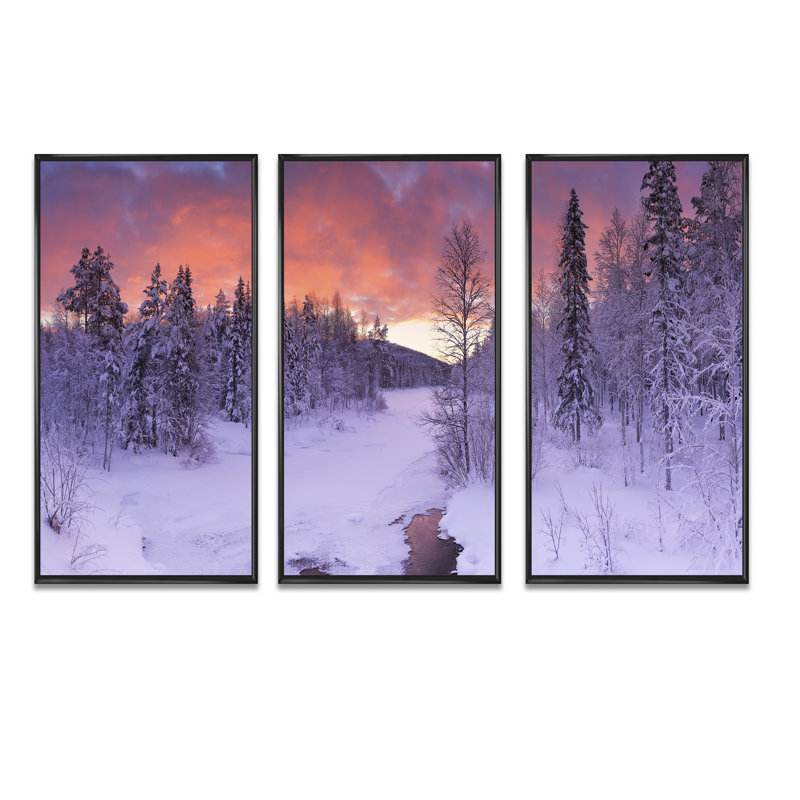 Finnish Lapland Trees in Winter - Ensemble de 3 reproductions sur toile flottantes, H 28 po x l 36 po, Noir, noir, noir, noir