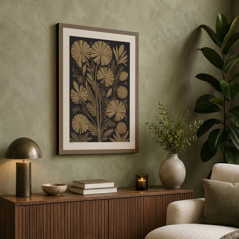 Golden Flower Study Botanical - Wrapped Canvas, 18x12 - 45.7 x 30.5 cm, Teal Border