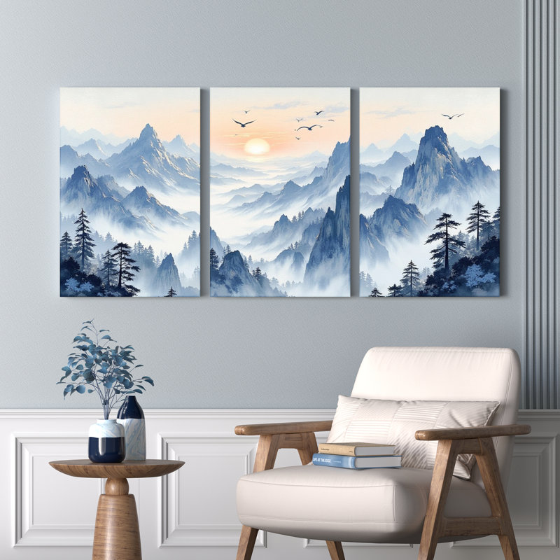 Tableau sur toile tendue représentant un paysage de montagne brumeux (ensemble de 3), H 18 po x l 36 po