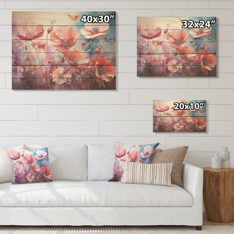 «Pink Crimson Flower Meadow Field», art mural en bois sur bois de pin naturel, H 10 po x l 20 po