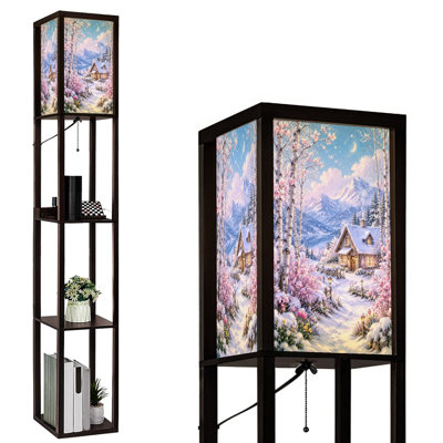 Lampe sur pied à DEL à intensité variable Winter Cottage entourée de montagnes de cerisiers en fleurs, lampe sur pied en bois aggloméré avec télécommande, lumière 3 couleurs, pour le salon, la chambre à coucher