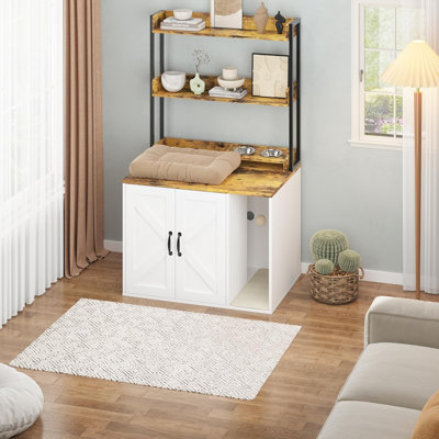 Enceinte de litière pour chat H 55 po - Meuble caché avec 2 tablettes de rangement, prises de recharge, blanc et brun rustique