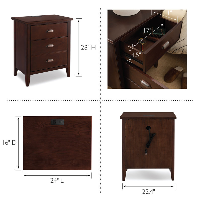 Laurent Nightstand with Drawer, Door with USB-C Fast Charging Station and AC/USB Outlet, Chocolate Cherry, Set of 2