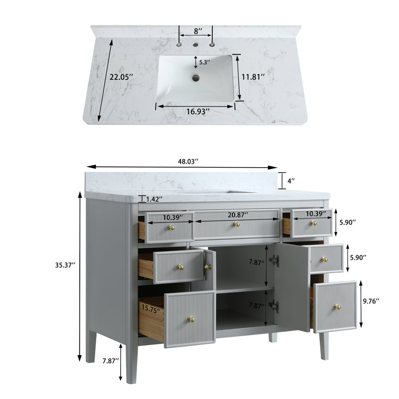 48" Freestanding single sink Bathroom Vanity with Carrara artificial marble top and sink, Gray