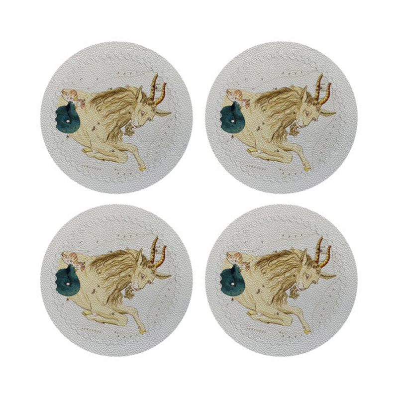 Zodiac Capricon Vegan Leather Round Pebble Placemat, White