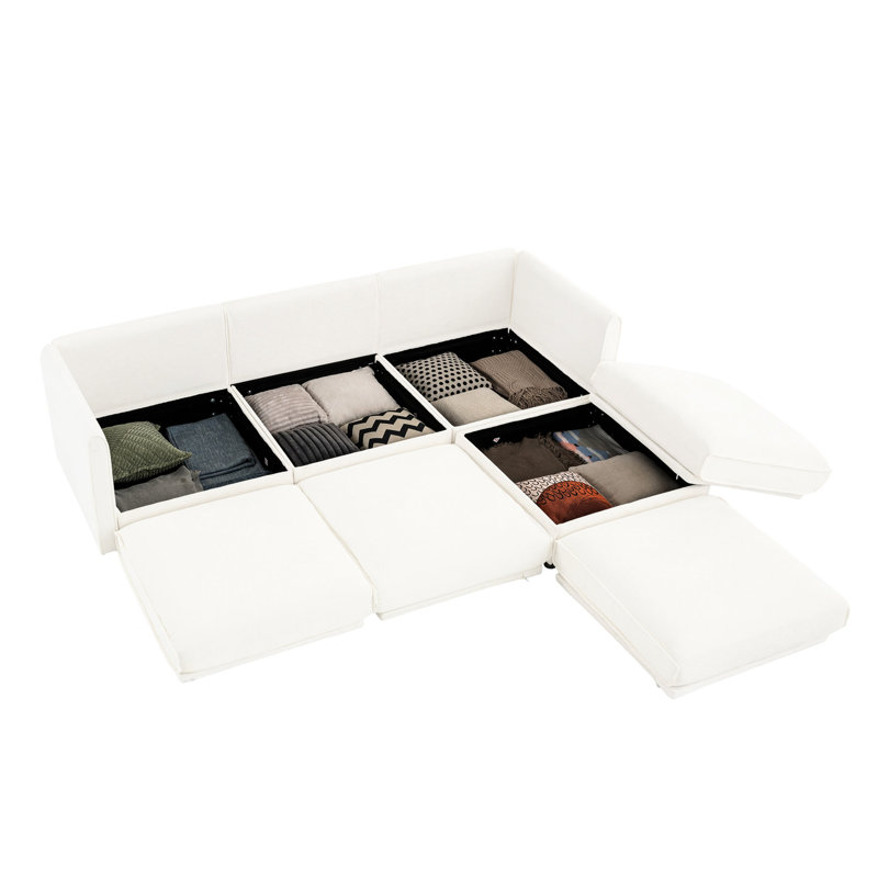 Chenille contemporaine avec rangement et canapé blanc moelleux, 3, H 27,9 po x l 109 po x P 37,4 po, Blanc