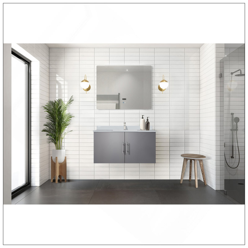 Meuble-lavabo polyvalent 36 po X P 22 po , Comptoir en quartz blanc, ensemble de robinets et Miroir à DEL, Gris foncé