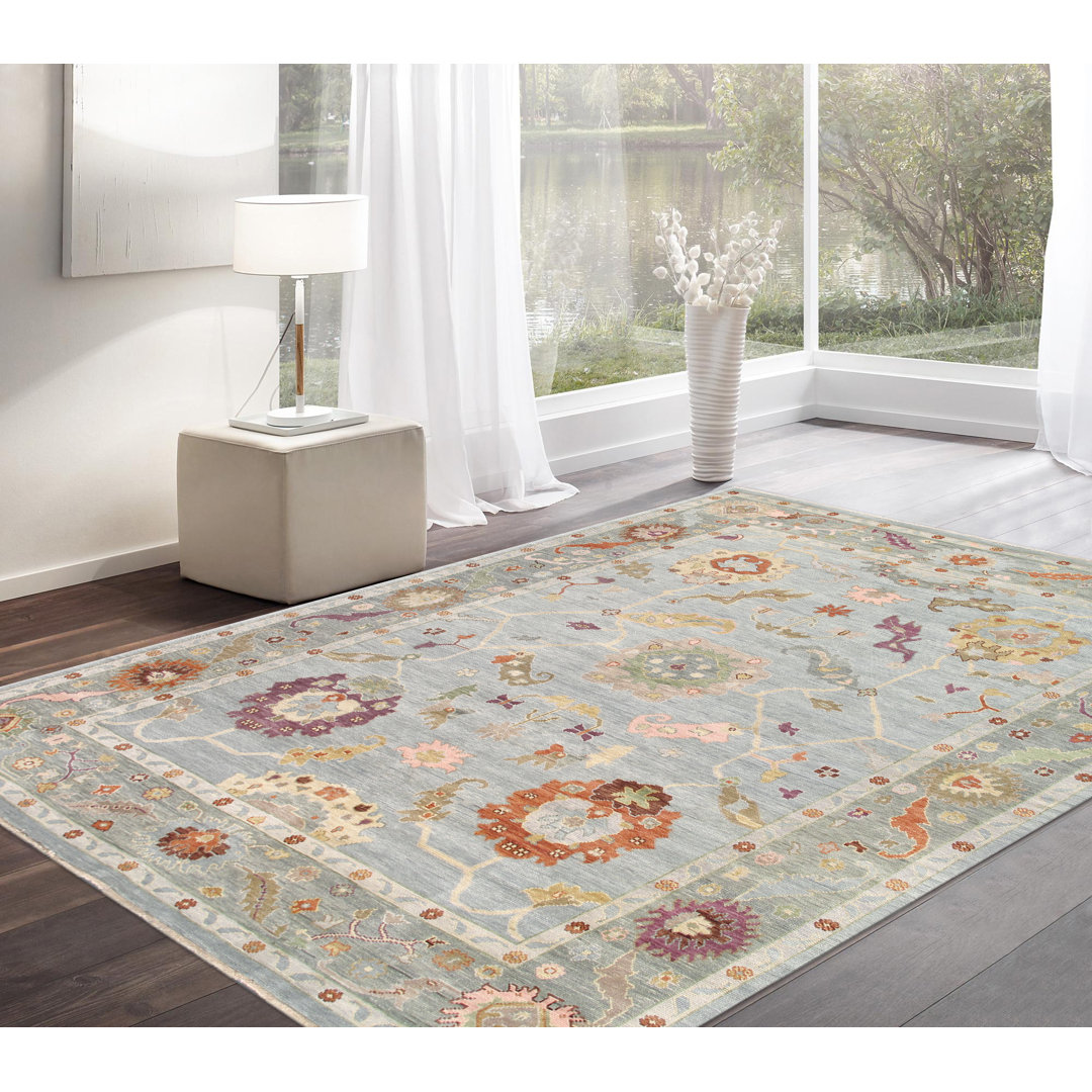 Oushak Floral Hand-Knotted Wool Area Rug in Blue/Green Pasargad Rug