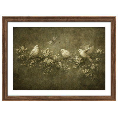 Vintage Bird Branch Floral Nature Scene Rustic Green Framed Wall Art 26"x36"