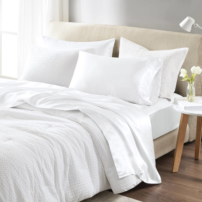 Drap-housse pour lit simple en satin de luxe 4 pièces blanc