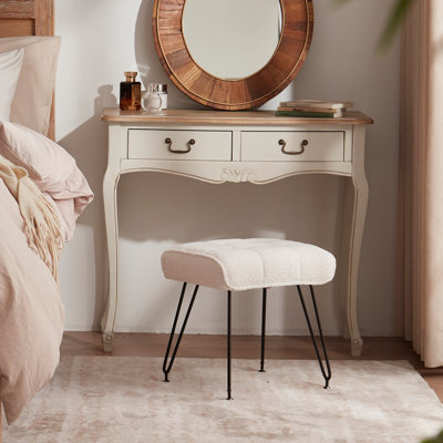 17" Modern Teddy Fleece Vanity Stool with Tufted Plush Soft Cushion, Black Metal Legs
