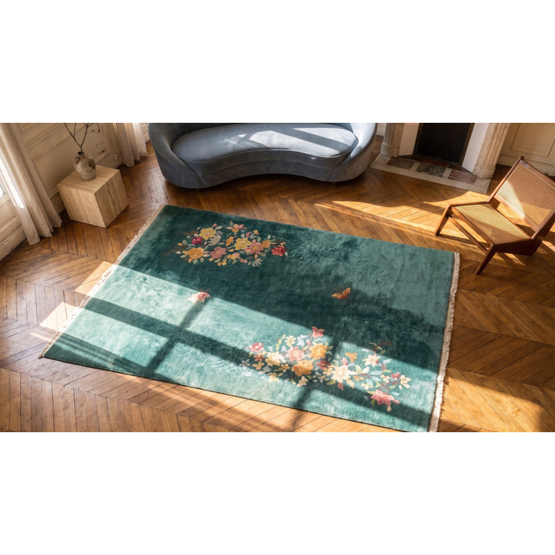 Small Square Shape Seafoam Green Color Antique Chinese Deco Wool Pile Rug