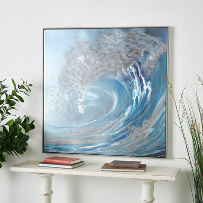 Aluminum Metal Wave Nautical Blue Living Room Framed Wall Art With Silver Frame And White Accents