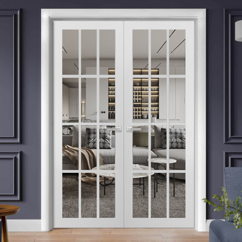 Portes doubles vitrées françaises pleines à 12 carreaux | Felicia 3355 Blanc Soie | Cadre à panneau simple standard | Portes robustes pour salle de bain et chambre - 152 cm x 203 cm (2 x 76 cm x 203 cm)
