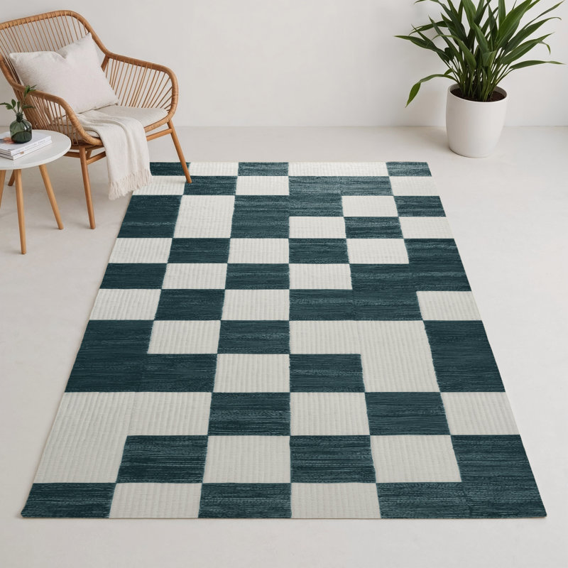 Checkered Beige Indoor and Outdoor Area Rug, Rectangle 3' x 5'