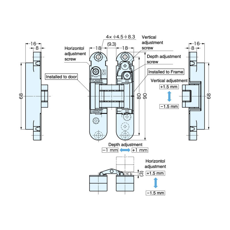 Charnière dissimulée réglable à 3 voies pour portes intérieures Sugatsune, finition nickel mat, Nickel mat