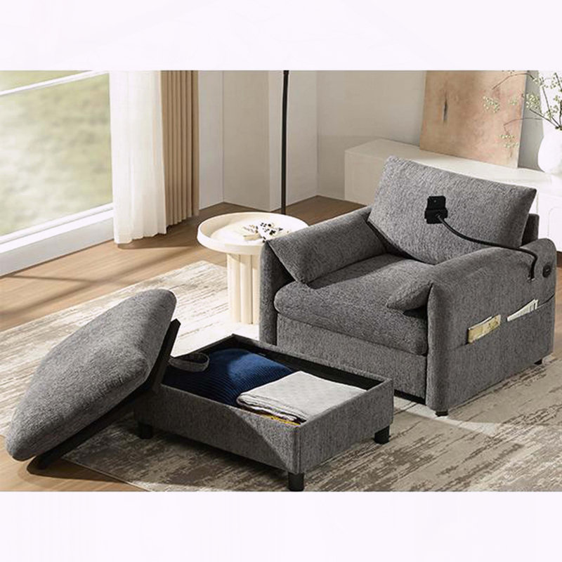 Canapé simple avec repose-pieds de rangement, support de téléphone réglable, double chargeur, poches latérales et coussins d'accoudoirs