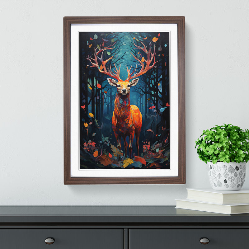 XYZ-FRM-V1223-515 Deer Orphism No.2 - Single Picture Frame Print on Wood, Walnut, 64cm H x 46cm W x 2cm D
