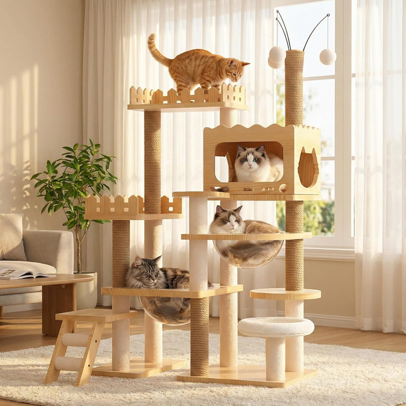 Arbre à chat à plusieurs niveaux avec maison, hamac et poteaux à griffes - grande tour d'escalade pour chats Maine Coon, Ragdoll ou chats d'intérieur