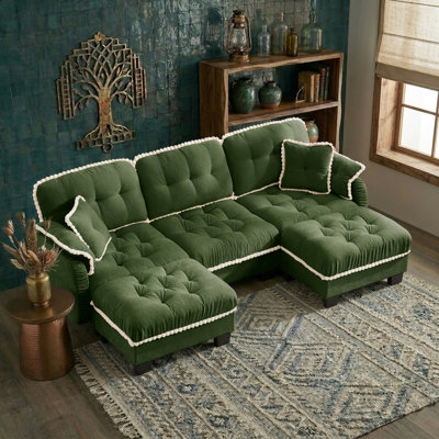 100.7" U Shaped Couch, Modular Sectional Sofa, 3-Seater Comfy Cloud Couch, Set of Modular Pieces with Movable Ottoman, Deep Seat Couches for Living Room,green
