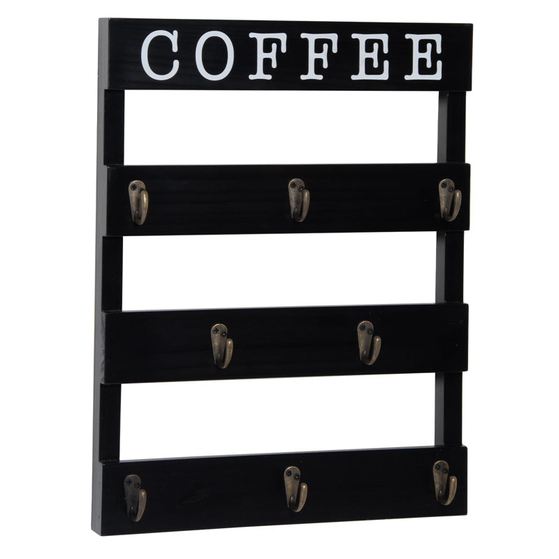 Solid Wood Coffee Mug Holder Wall Mounted, Rustic Cup Rack With 8 Hooks, Black