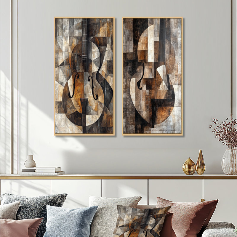 Mandoline dans des plans brisés I - Ensemble de 2 décorations murales cubistes, 40" H x 40" W, Natural Floater Framed
