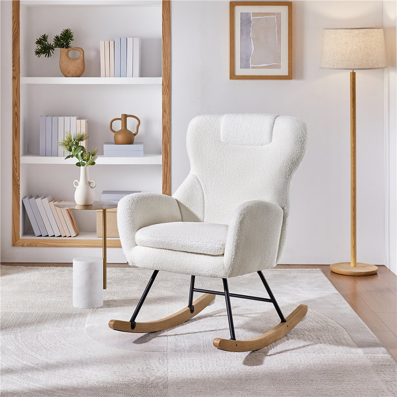 color  68cm Wide High Back Rocking Chair ,Boucle Upholstered Accent  Chair with Solid Beech Wood Legs , Ivory