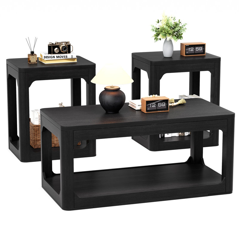 Ensemble de table basse de salon 3 pièces, table basse et table d'appoint de style moderne, offrant un grand espace de rangement et des bords lisses et arrondis