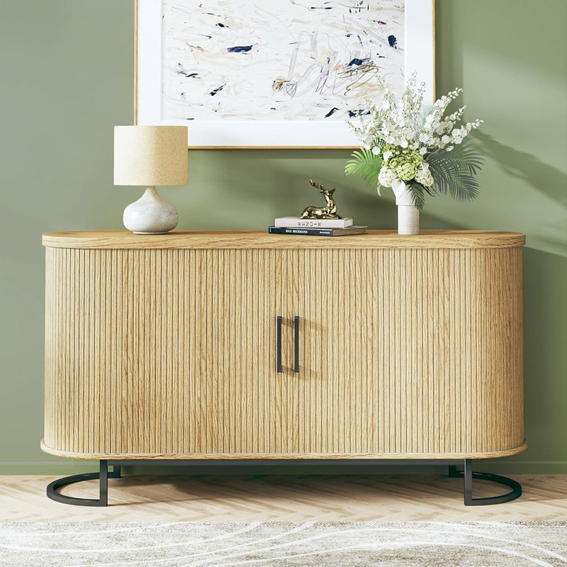 Fluted Tambour Sideboard Buffet Cabinet With Adjustable Shelves, Mid-Century Console