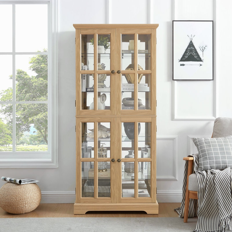 Curio Display Cabinet,Antique Display Cabinet With Glass Doors Adjustable Shelves For Collectibles Four Door Design Vintage Showcase For Home Or Office Antique Display Case E26 Bulb Included