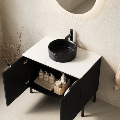 30" Freestanding Bathroom Vanity With Sink, Black Round Ceramic Basin Stone Pattern, 2-Door Storage, White Sintered Countertop And Soft Close Basin, Countertop, Storage Cabinet