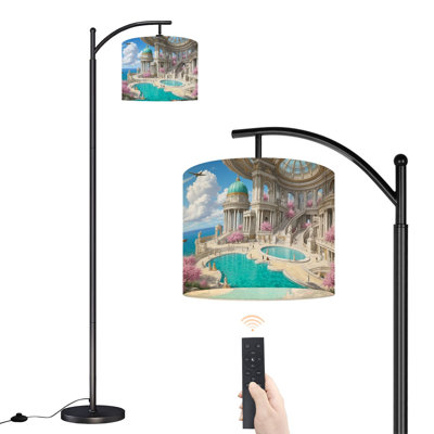 Arc Floor Lamp Grand Imperial Garden Classical Architecture Pink Cherry Blossoms Floor Lamps with Remote LED Lights Adjustable Lamp Shades Tall Standing Lamps for Reading Office Living Room