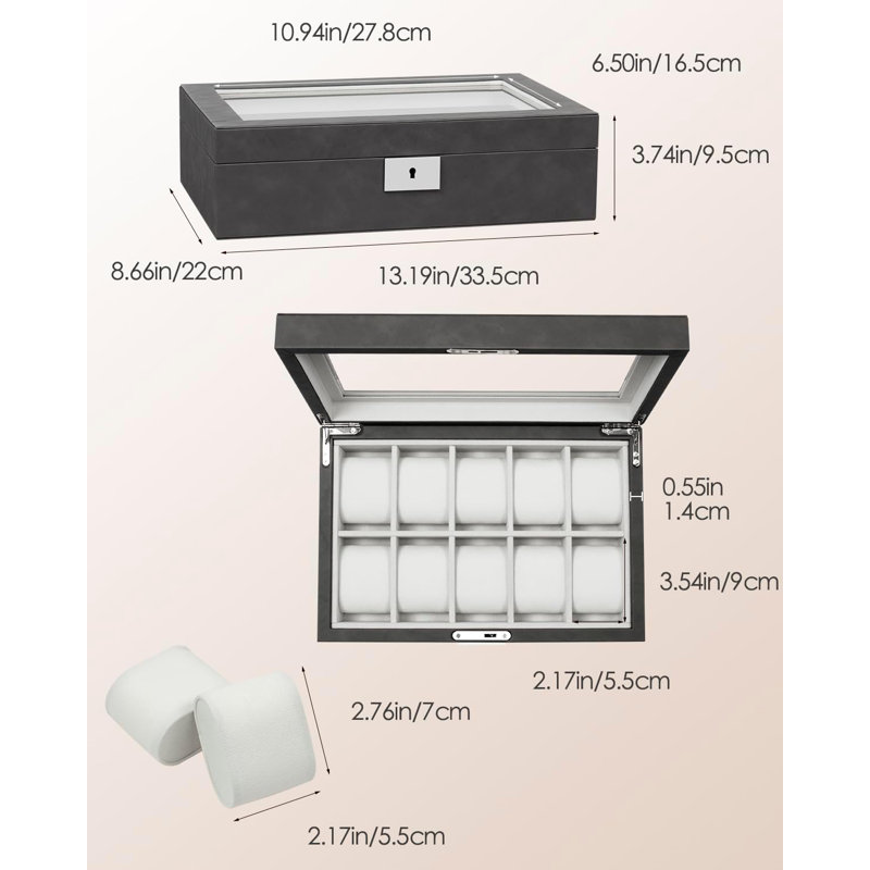 10-Slot Watch Box in Leather with Valet Drawer, Luxury Watch Case Display Organizer with Ultra Soft Microsuede Liner