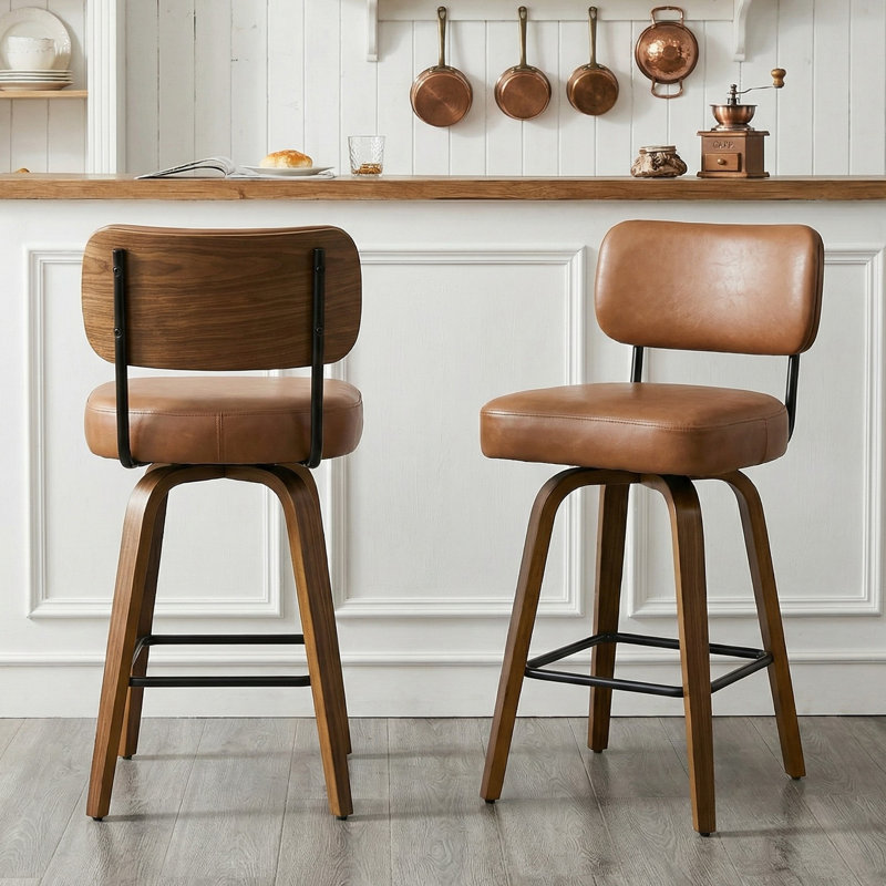 26" Swivel Upholstered Counter Stool with Walnut-Finish Bentwood Frame, 2, Brown