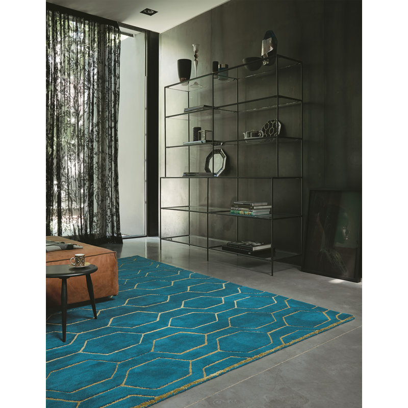 Arris Geometric Area Rug in Teal/Yellow, Rectangle 6'7" x 9'2"