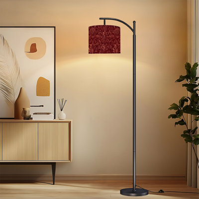 Arc Floor Lamp with Adjustable Lampshade Elegant Floral Damask Deep Burgundy Red Standing Lamp 3 Color Temperatures Dimmable Tall Pole Lamp with Foot Switch for Bedroom