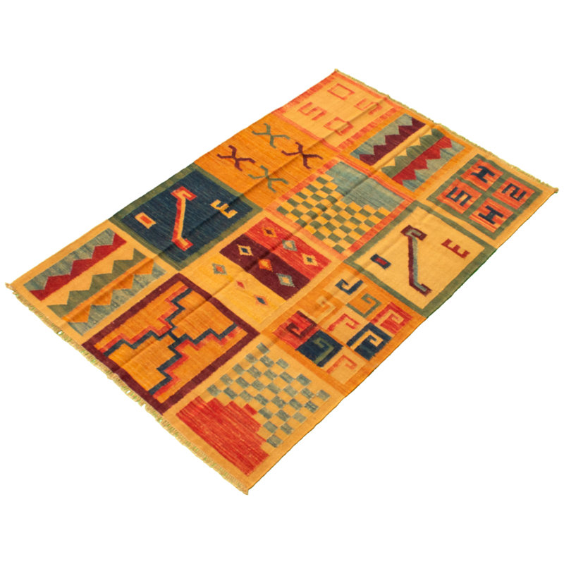 Tapis bleu / orange en laine fait à la main Kilim