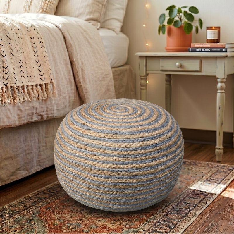 Ahlers Modern Coastal Striped Handmade Jute Round Ottoman Pouf, Pink/Green/Yellow