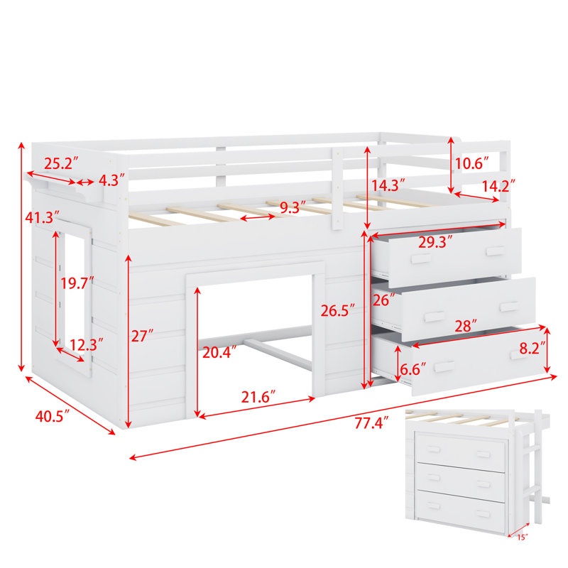 Lit mezzanine avec tiroirs et tablette, Blanc