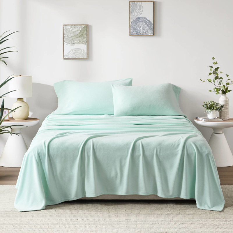 Ensemble de 4 draps 100% molleton doux au toucher - boulochage, lavable à la machine, avec drap plat, 2 taies d'oreiller ajustées, convient aux matelas de 16 po