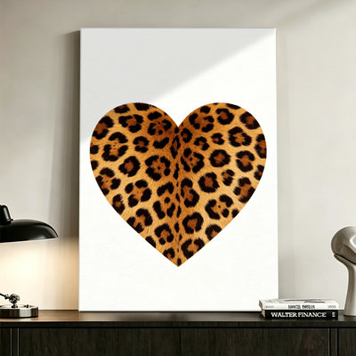Tableau sur toile à motif léopard et cœur, 61 x 91 cm (24 x 36 pouces), monté sur châssis, tendance beige et noir, idéal pour la chambre, le salon et le bureau.