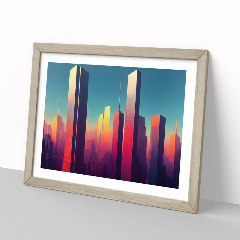 Glamorous City Skyline Architecture - Framed Print, 46cm H x 64cm W x 2cm D, Oak