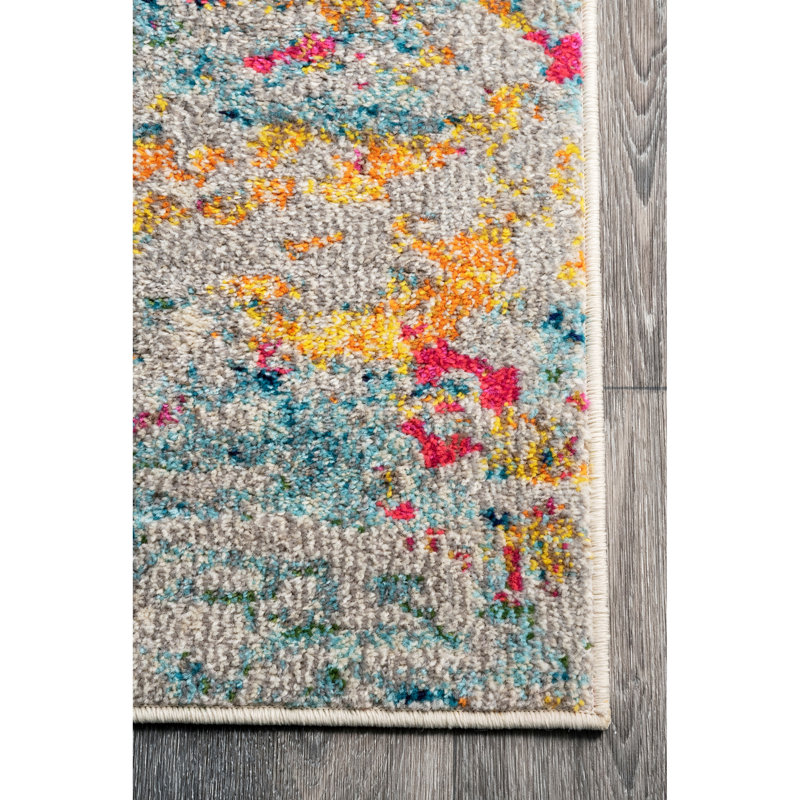 Hiroko Abstract Power Loom Performance Ivory/Blue/Pink/Yellow Rug, Rectangle 9' x 12'