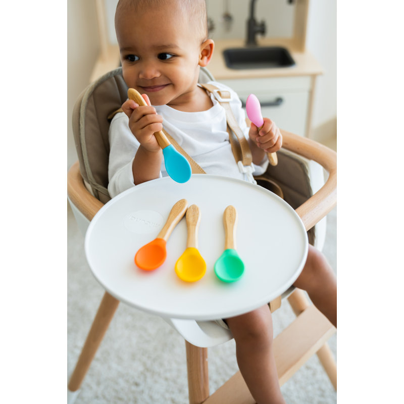Bamboo Wood Stainless Steel Baby Flatware, Green/Orange/Yellow