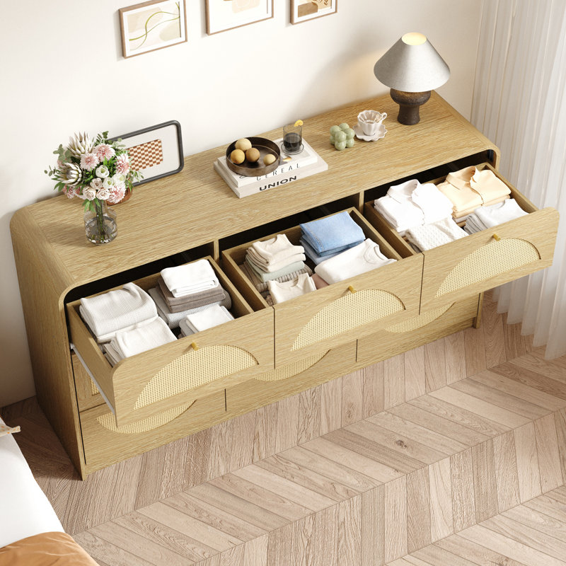 Commode 9 tiroirs avec façade en rotin, commode et armoire de rangement moderne