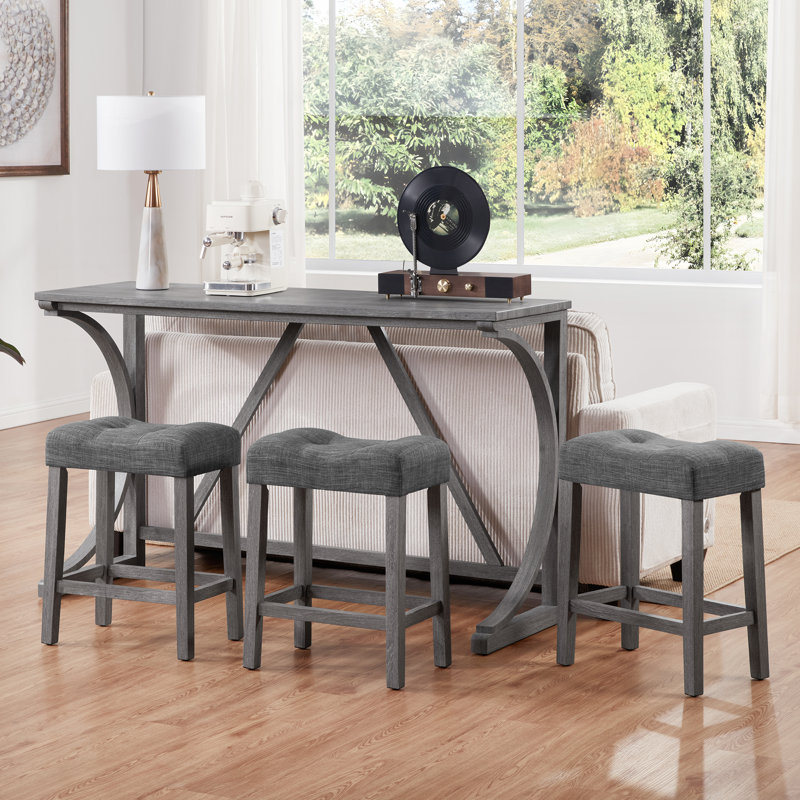 Ensemble de table de bar 4 pièces en bois massif avec charge USB, Gris, Gris