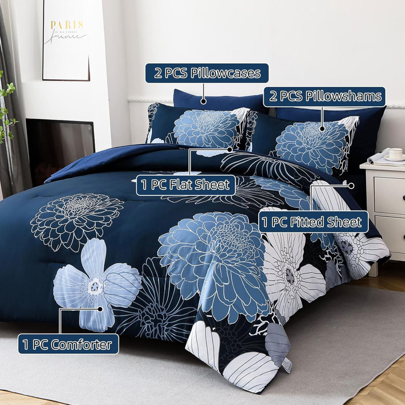 7 Pieces Flower Pattern Comforter Set Queen Size, Blue Floral, Queen Comforter + 7 Additional Pieces