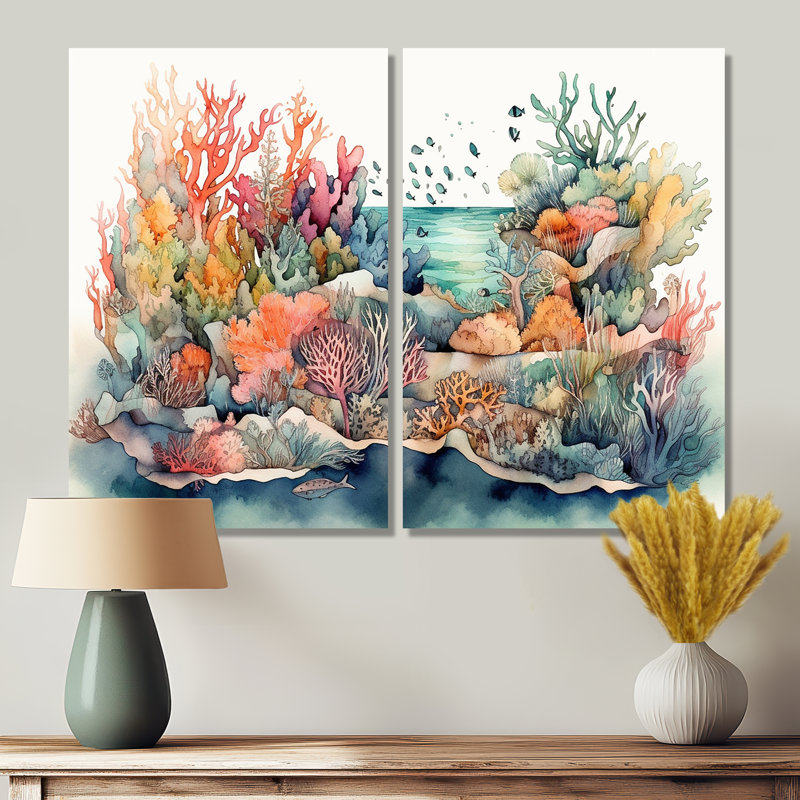 «Vibrant Coral Reef II», art mural moderne sur la plage 2 pièces, H 36 po x l 48 po, Toile tendue, Ne s’applique pas