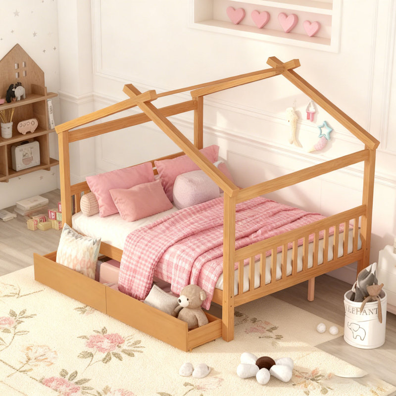 Lit en bois avec tiroirs, Naturel, Simple