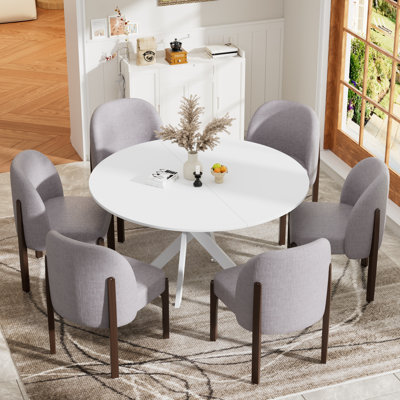 Ensemble de salle à manger rond 47,2 po, table à pieds croisés modernes et 6 chaises rembourrées en tissu pour les petits espaces, cuisine